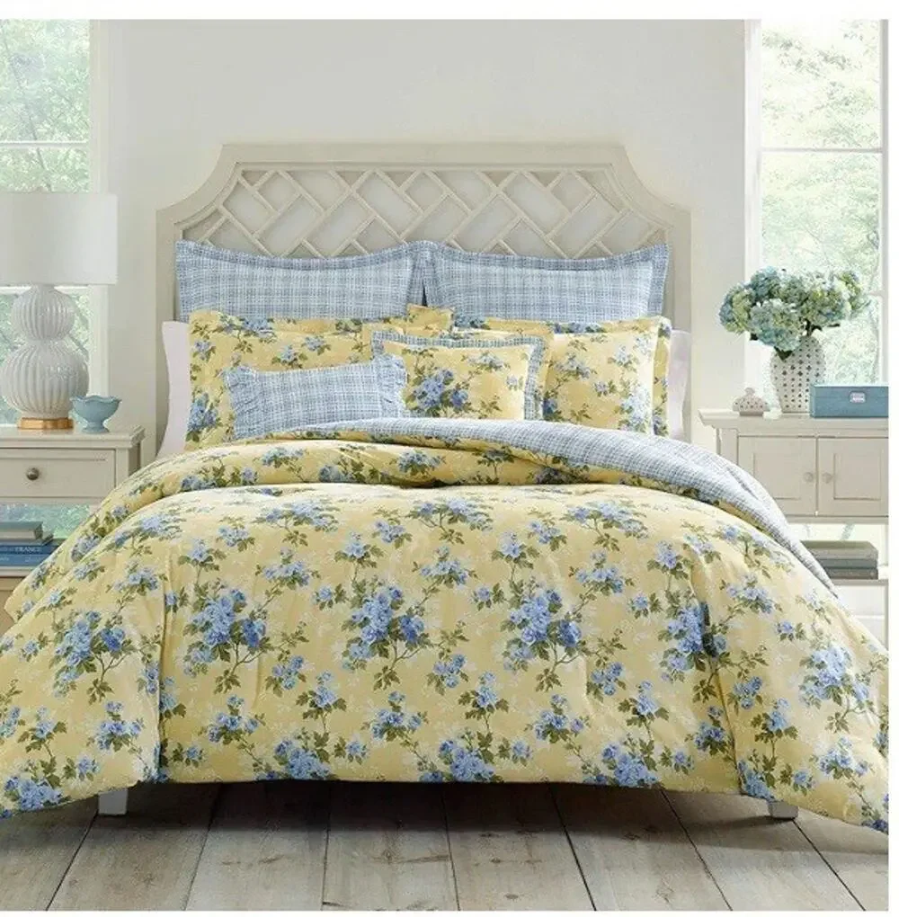 Laura Ashley Cassidy Cotton Yellow Duvet Cover Bonus Set - King 7 Pc. Cp. $350
